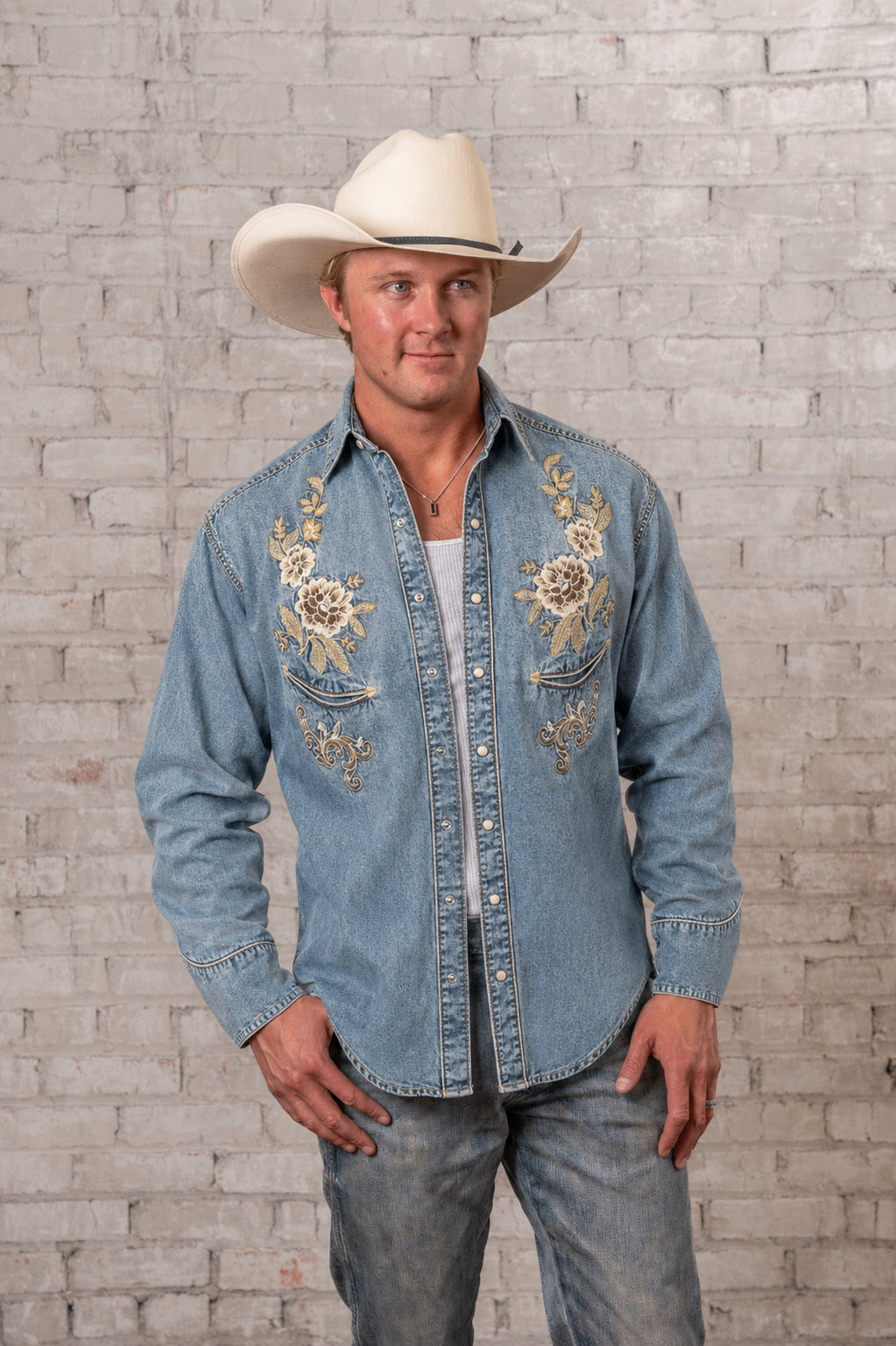 Men's Denim with Tan Floral Embroidered Western Shirt by Rockmount Ranch Wear, vintage western shirt with fringe