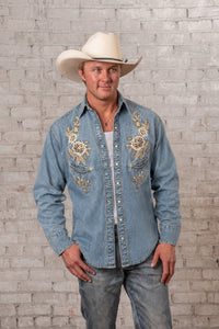 Men's Denim with Tan Floral Embroidered Western Shirt by Rockmount Ranch Wear, vintage western shirt with fringe