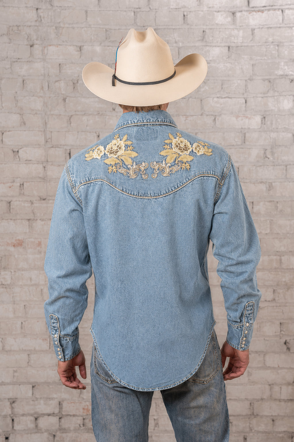 Men's Denim with Tan Floral Embroidered Western Shirt Rockmount Ranch Wear vintage western shirt with floral embroidery