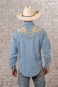 Men's Denim with Tan Floral Embroidered Western Shirt Rockmount Ranch Wear vintage western shirt with floral embroidery