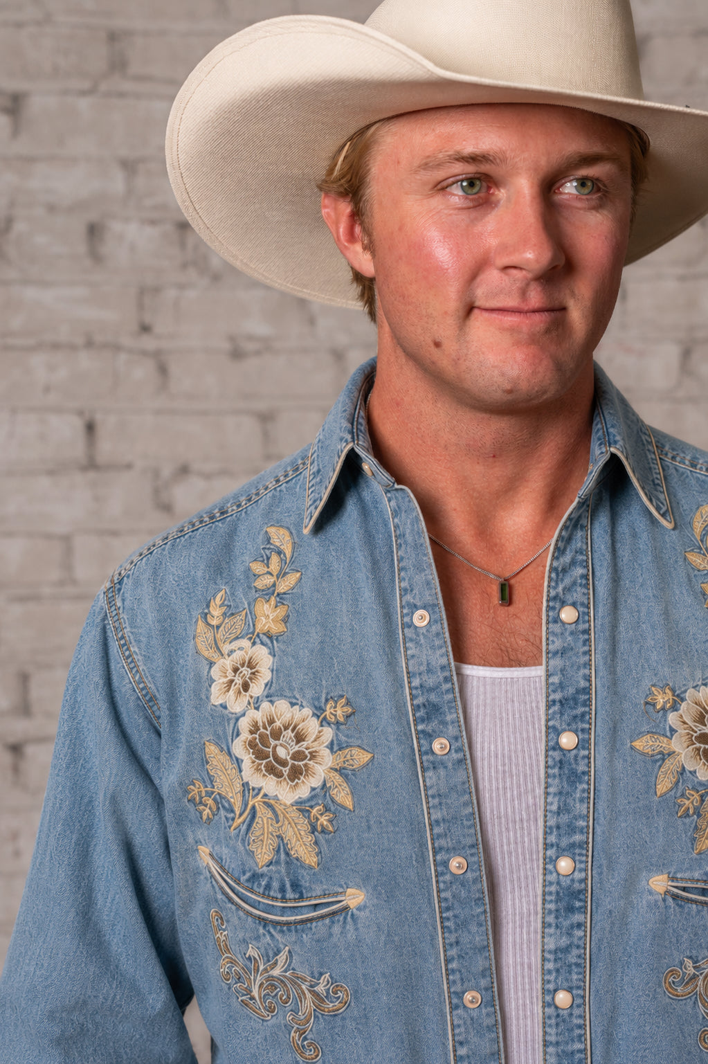 Men's Denim with Tan Floral Embroidered Western Shirt Rockmount Ranch Wear in vintage blue denim with embroidered floral