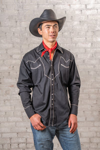 Men's Vintage Solid Black Western Shirt with Piped Lightning Yokes by Rockmount Ranch Wear, embroidered arrow smile pockets