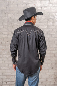 Men's Vintage Solid Black Western Shirt with Piped Lightning Yokes by Rockmount Ranch Wear, embroidered western shirt