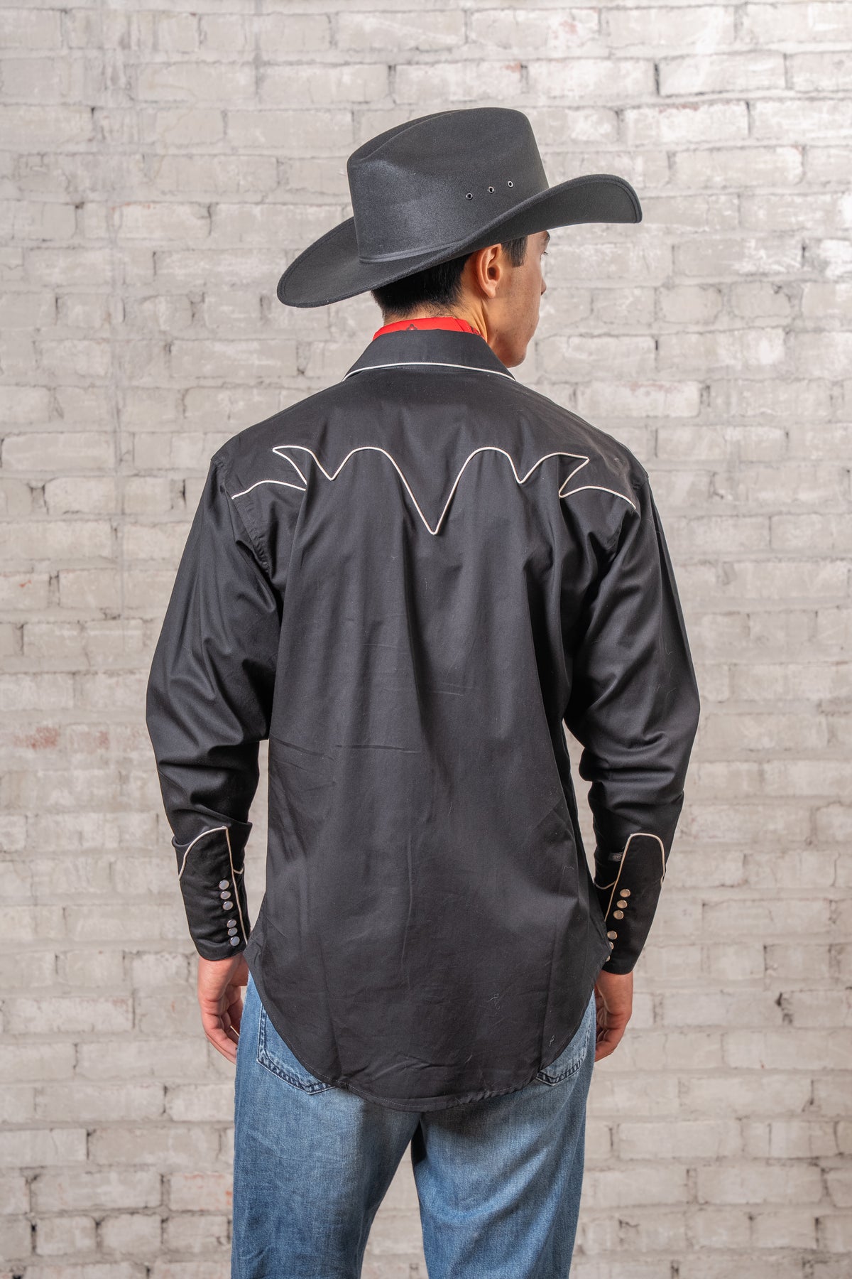Men's Vintage Solid Black Western Shirt with Piped Lightning Yokes by Rockmount Ranch Wear, embroidered western shirt