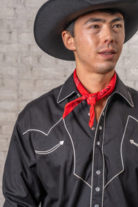 Men's Vintage Solid Black Western Shirt with Piped Lightning Yokes by Rockmount Ranch Wear, embroidered arrow smile pockets