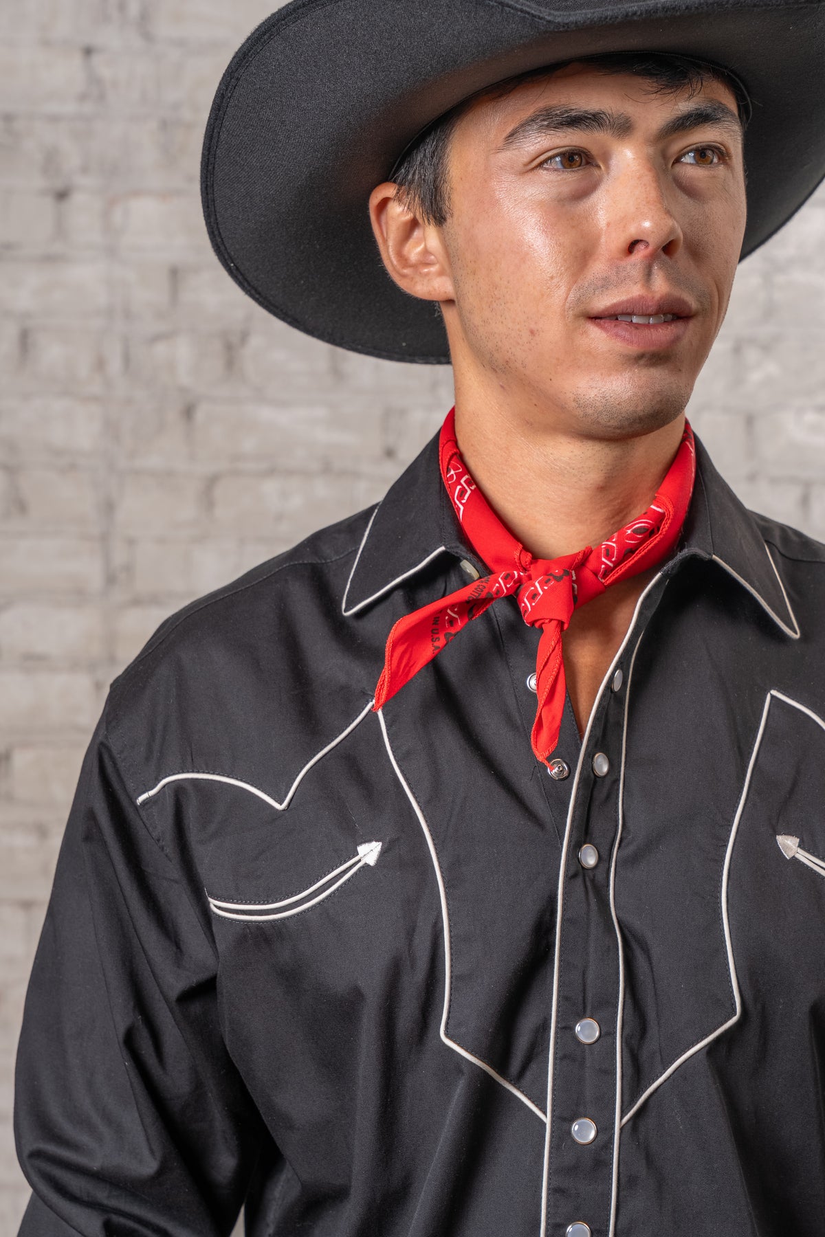 Men's Vintage Solid Black Western Shirt with Piped Lightning Yokes by Rockmount Ranch Wear, embroidered arrow smile pockets