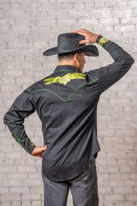 Men's Vintage Black Beer Hops Embroidered Western Shirt by Rockmount Ranch Wear with hops embroidered western shirt design