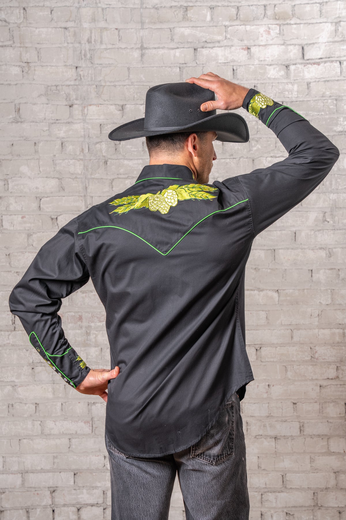 Men's Vintage Black Beer Hops Embroidered Western Shirt by Rockmount Ranch Wear with hops embroidered western shirt design