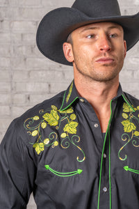 Men's Vintage Black Beer Hops Embroidered Western Shirt by Rockmount Ranch Wear with floral hops embroidery