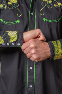 Men's Vintage Black Beer Hops Embroidered Western Shirt by Rockmount Ranch Wear with hops embroidery and snap buttons