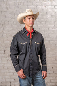 Men's Signature Solid Black Western Shirt with Smile Pockets by Rockmount Ranch Wear, 100 cotton gabardine twill