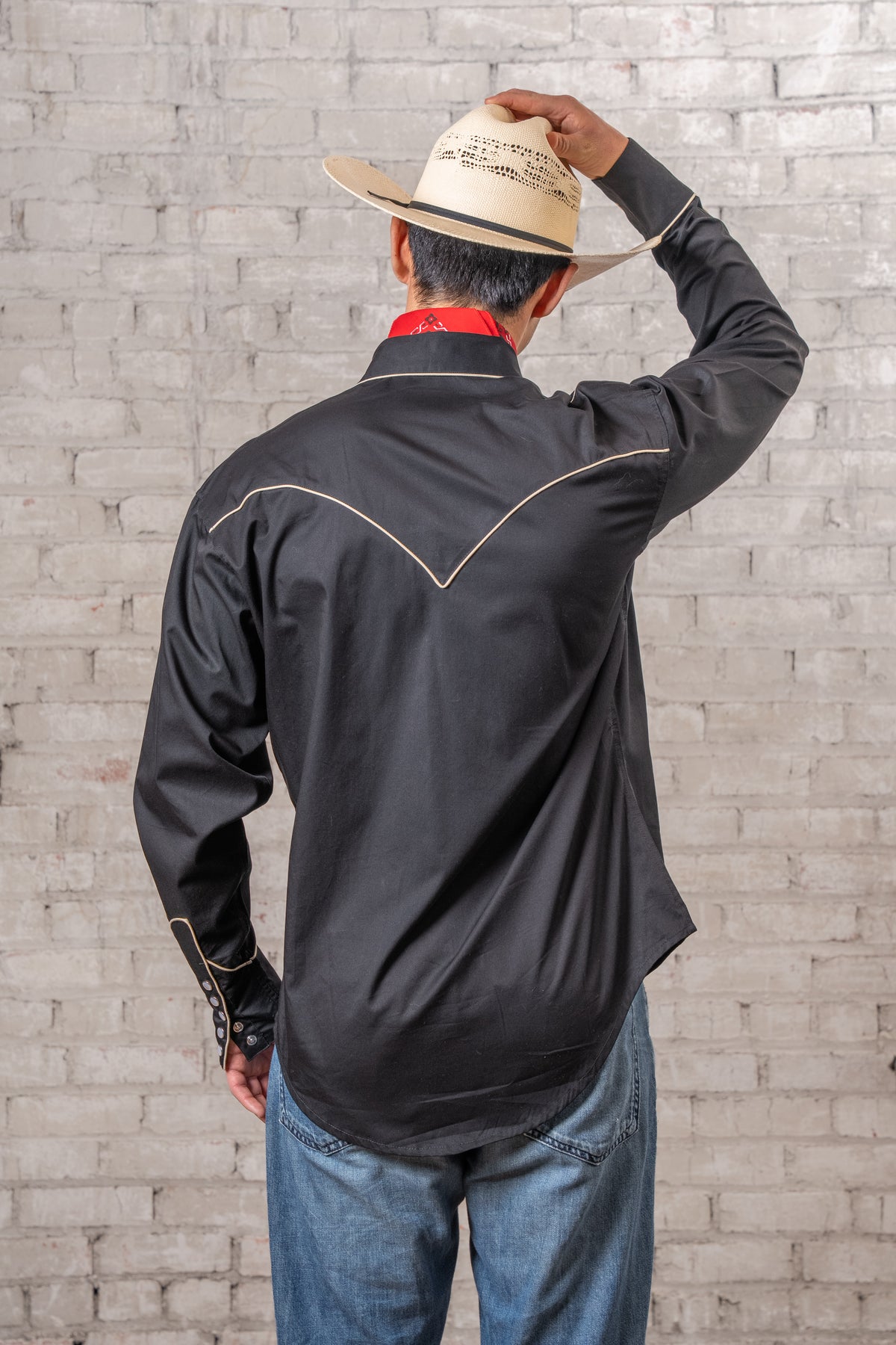 Men's Signature Solid Black Western Shirt with Smile Pockets by Rockmount Ranch Wear, embroidered snap cuffs