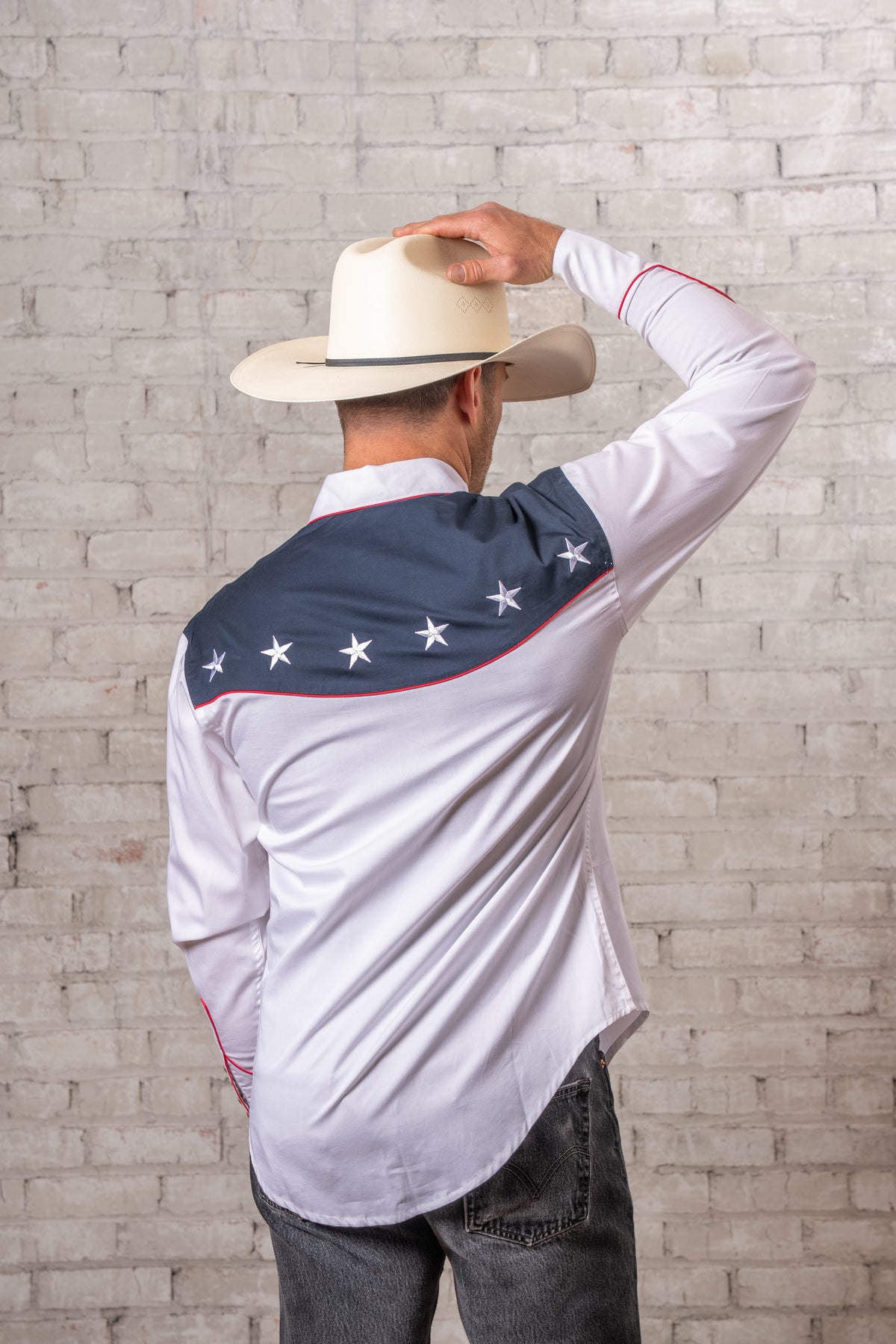 Men's American Flag Embroidered Western Shirt by Rockmount Ranch Wear in vintage white with embroidered stars
