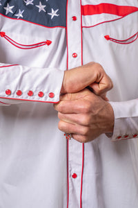 Men's American Flag Embroidered Western Shirt by Rockmount Ranch Wear with snap button shirt cuffs