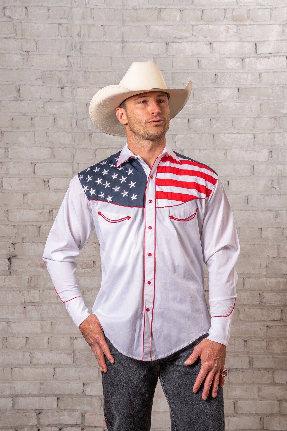 Men's American Flag Embroidered Western Shirt by Rockmount Ranch Wear in vintage white with embroidered stars