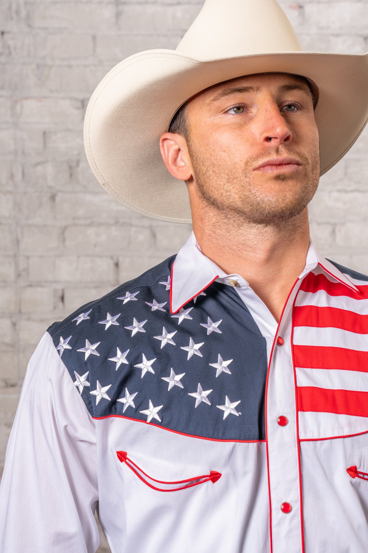 Men's American Flag Embroidered Western Shirt by Rockmount Ranch Wear in vintage stars applique with snaps