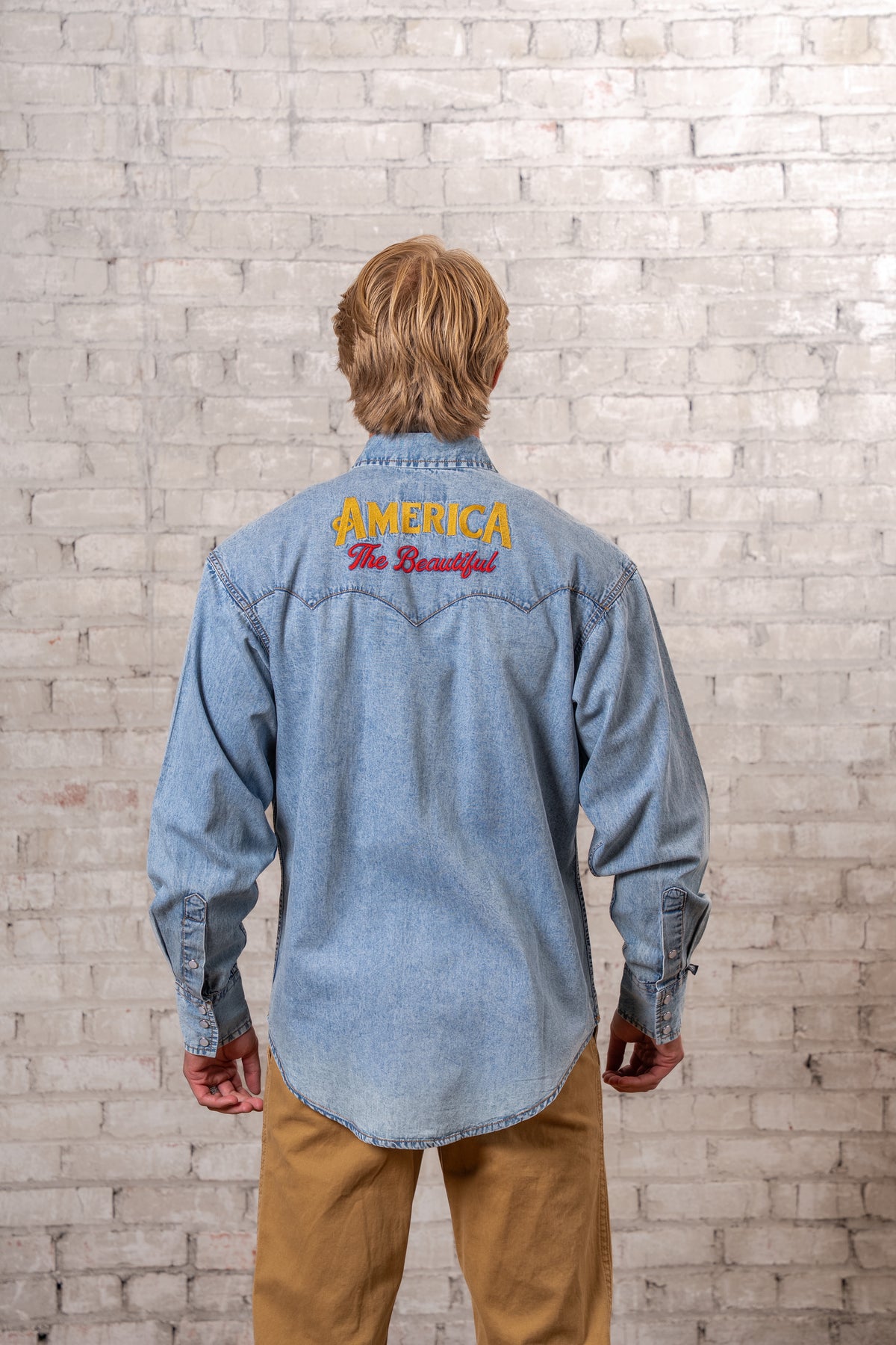 Men's USA 250th America the Beautiful Embroidered Western Shirt by Rockmount Ranch Wear in vintage denim
