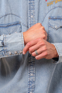 Men's USA 250th America the Beautiful Embroidered Western Shirt by Rockmount Ranch Wear in stonewashed denim with snaps