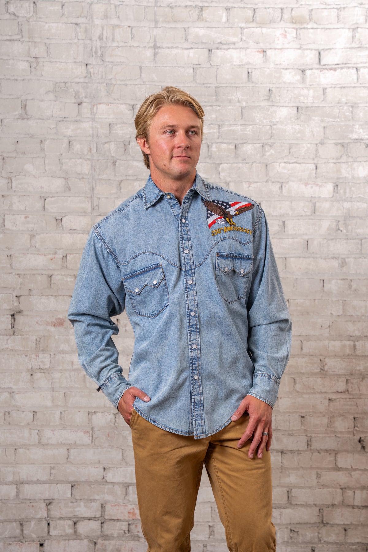 Men's USA 250th America the Beautiful Embroidered Western Shirt by Rockmount Ranch Wear in vintage denim with snaps