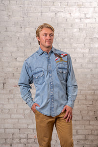 Men's USA 250th America the Beautiful Embroidered Western Shirt by Rockmount Ranch Wear in vintage denim with snaps