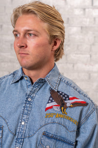 Men's USA 250th America the Beautiful Embroidered Western Shirt by Rockmount Ranch Wear in vintage denim with embroidered flag