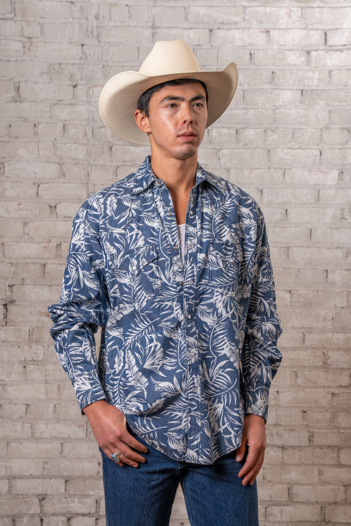 Men's Denim Floral Print Western Shirt by Rockmount Ranch Wear in vintage indigo denim with floral print