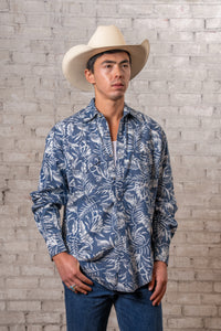 Men's Denim Floral Print Western Shirt by Rockmount Ranch Wear in vintage indigo denim with floral print