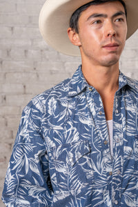 Men's Denim Floral Print Western Shirt by Rockmount Ranch Wear in indigo denim with floral print