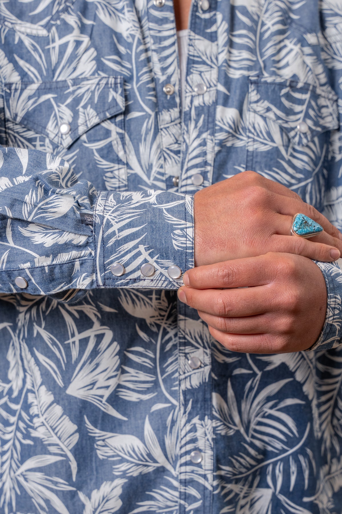 Men's Denim Floral Print Western Shirt by Rockmount Ranch Wear with vintage fringe and snap button details