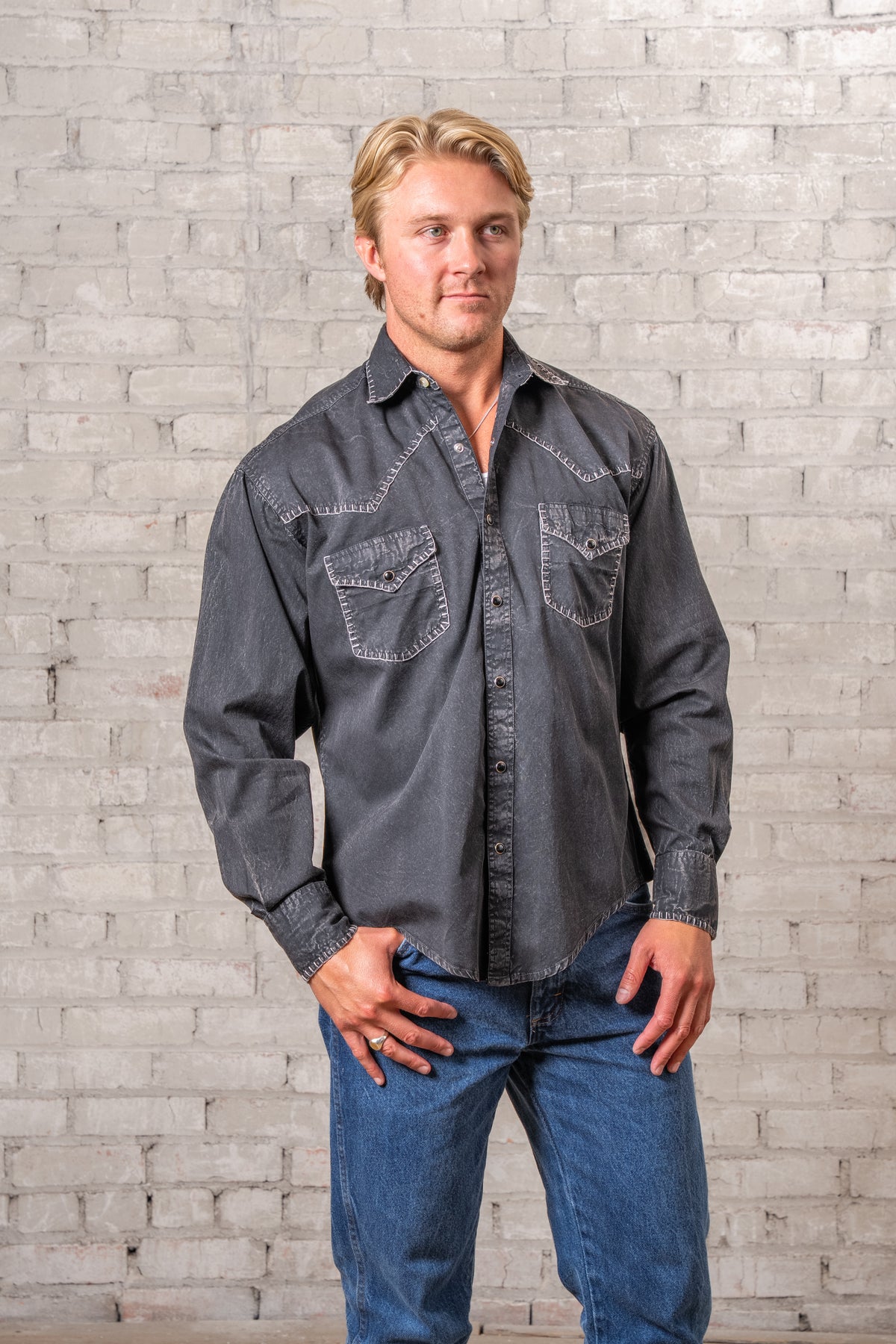 Men's Black Stonewashed Denim Blanket Stitch Western Shirt by Rockmount Ranch Wear with vintage fringe embroidery