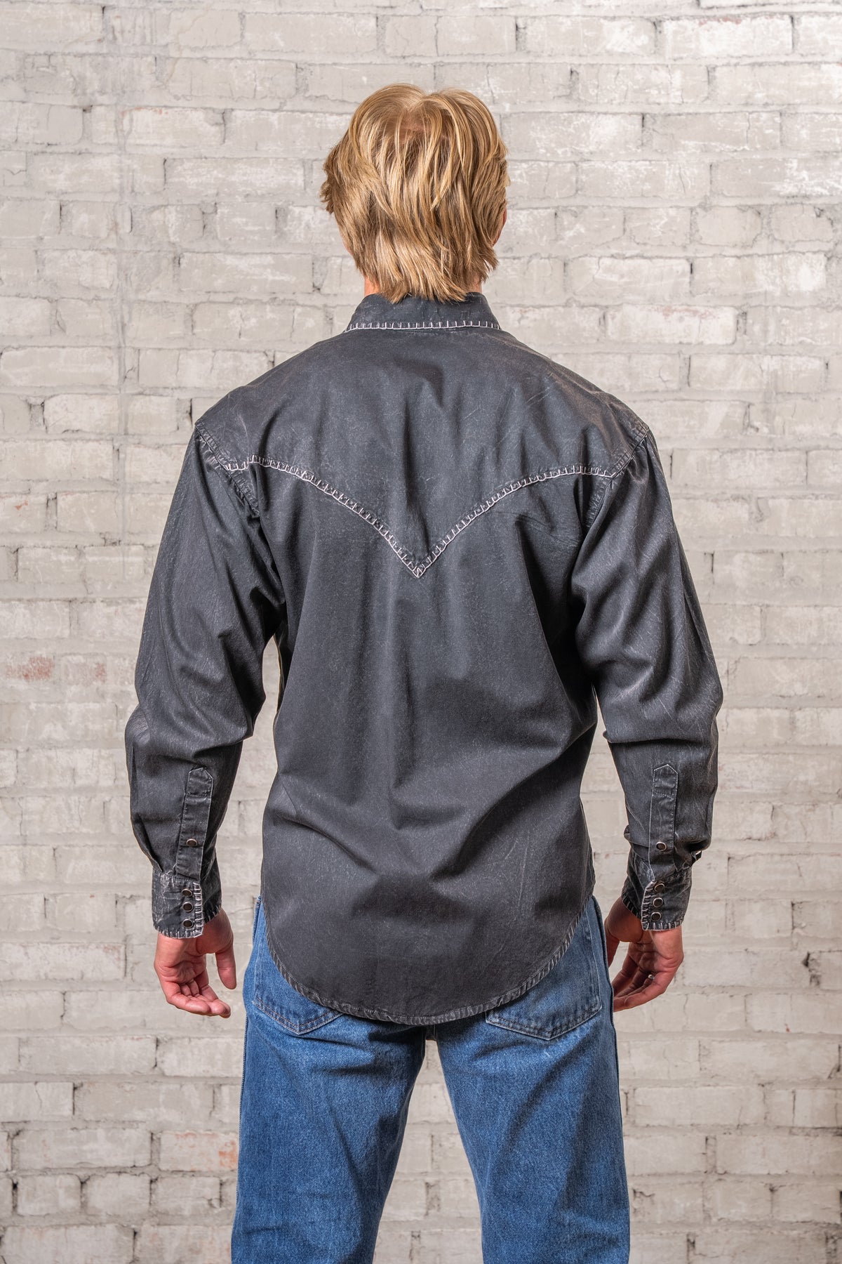 Men's Black Stonewashed Denim Blanket Stitch Western Shirt by Rockmount Ranch Wear, vintage denim with contrasting embroidery