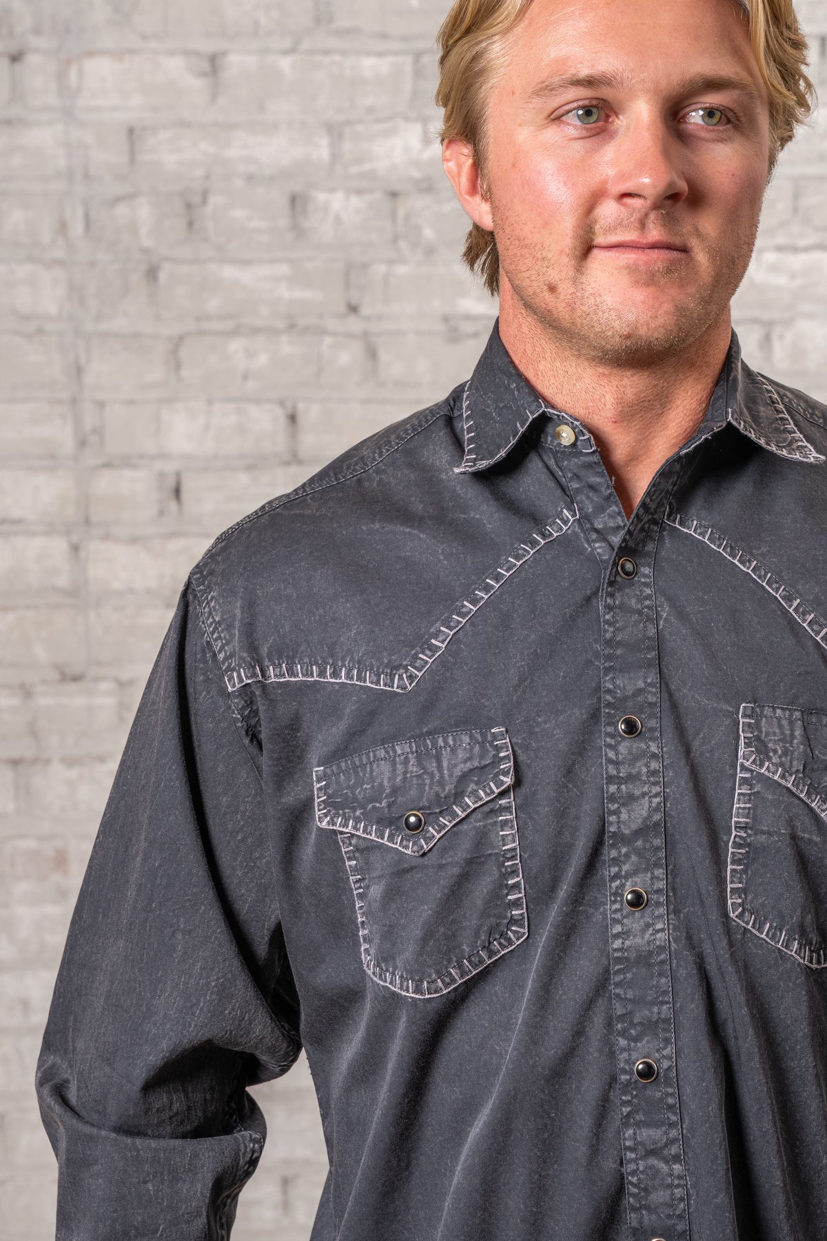 Men's Black Stonewashed Denim Blanket Stitch Western Shirt by Rockmount Ranch Wear with contrasting embroidery