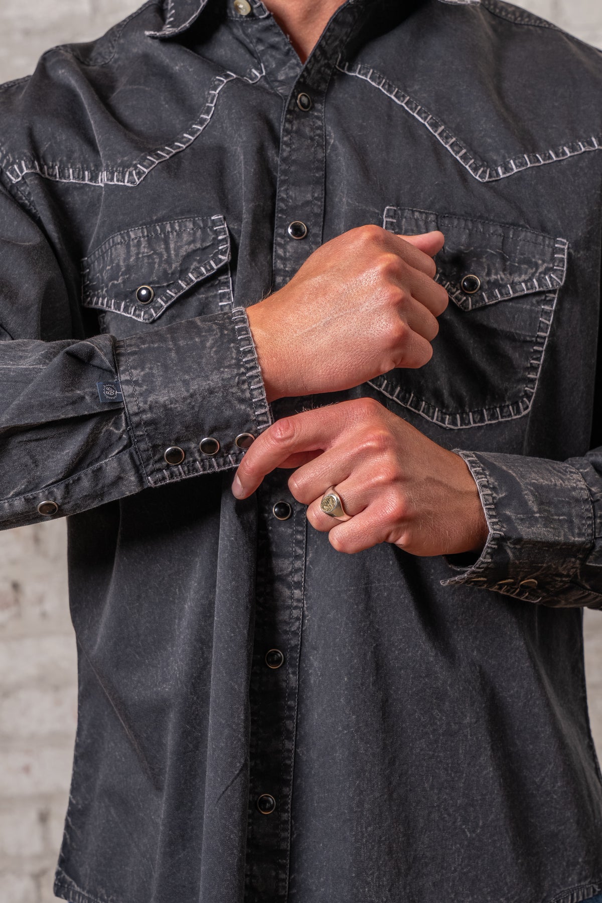 Men's Black Stonewashed Denim Blanket Stitch Western Shirt by Rockmount Ranch Wear with contrasting embroidery