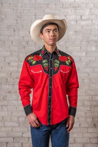 Men's Vintage 2-Tone Red Roses Embroidered Western Shirt by Rockmount Ranch Wear with chenille floral embroidery