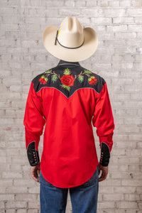 Men's Vintage 2-Tone Red Roses Embroidered Western Shirt by Rockmount Ranch Wear with floral embroidery
