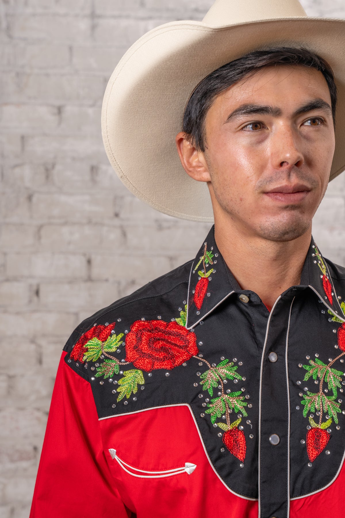 Men's Vintage 2-Tone Red Roses Embroidered Western Shirt by Rockmount Ranch Wear with floral chenille embroidery