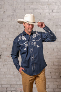 Men's Vintage Navy Skull Roses Chain Stitch Embroidered Western Shirt by Rockmount Ranch Wear with embroidered front