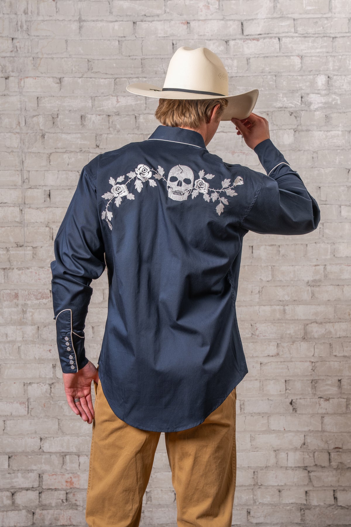 Men's Vintage Navy Skull and Roses Chain Stitch Embroidered Western Shirt by Rockmount Ranch Wear, embroidered western shirt