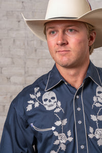 Men's Vintage Navy Skull and Roses Chain Stitch Embroidered Western Shirt by Rockmount Ranch Wear with embroidered floral