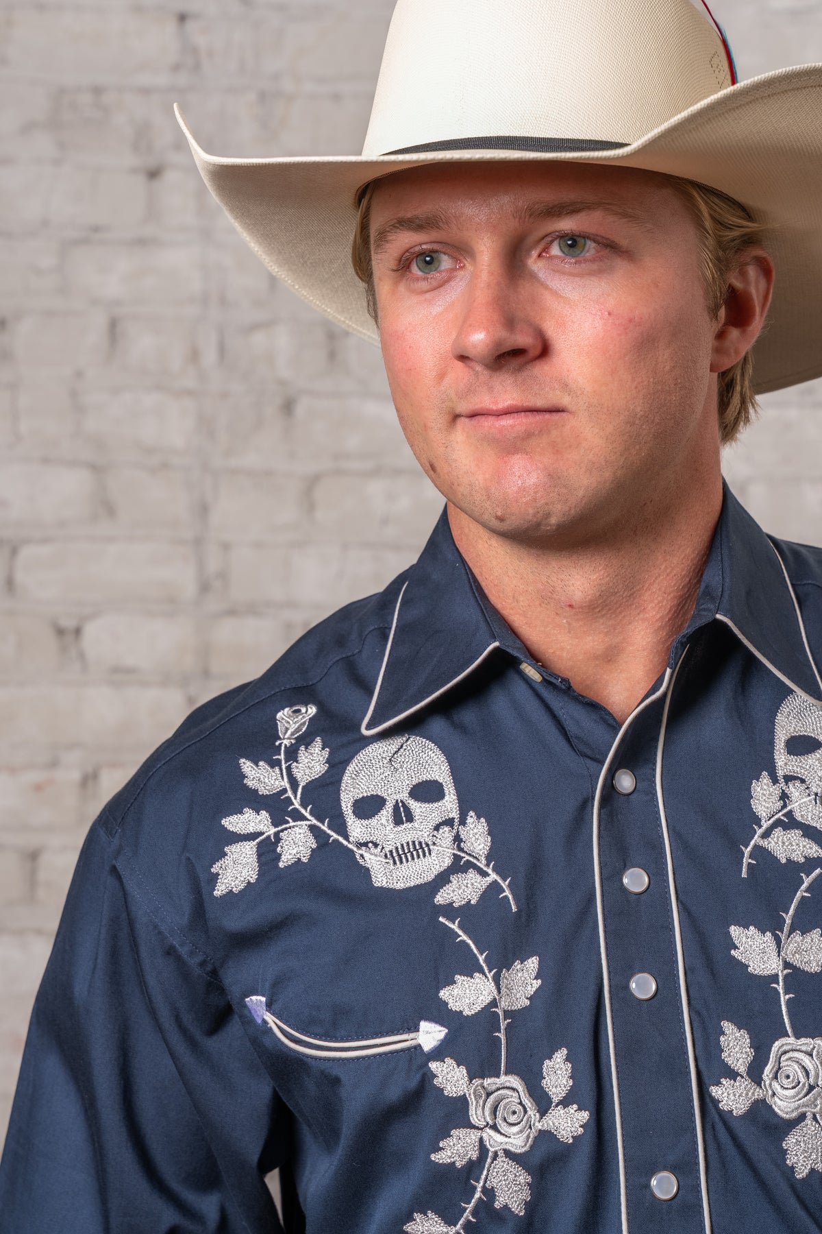 Men's Vintage Navy Skull and Roses Chain Stitch Embroidered Western Shirt by Rockmount Ranch Wear with embroidered floral