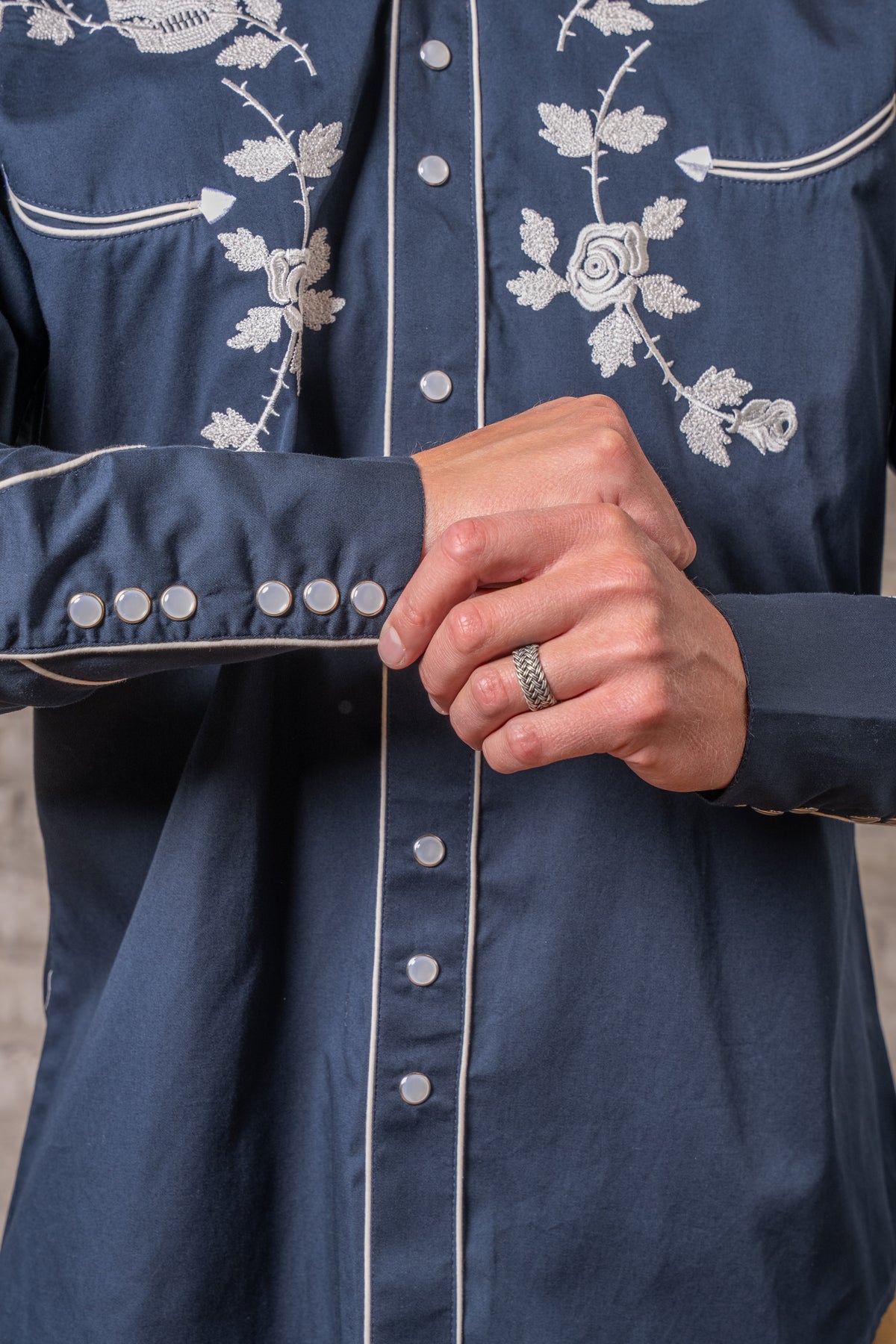 Men's Vintage Navy Skull and Roses Chain Stitch Embroidered Western Shirt by Rockmount Ranch Wear with snap buttons