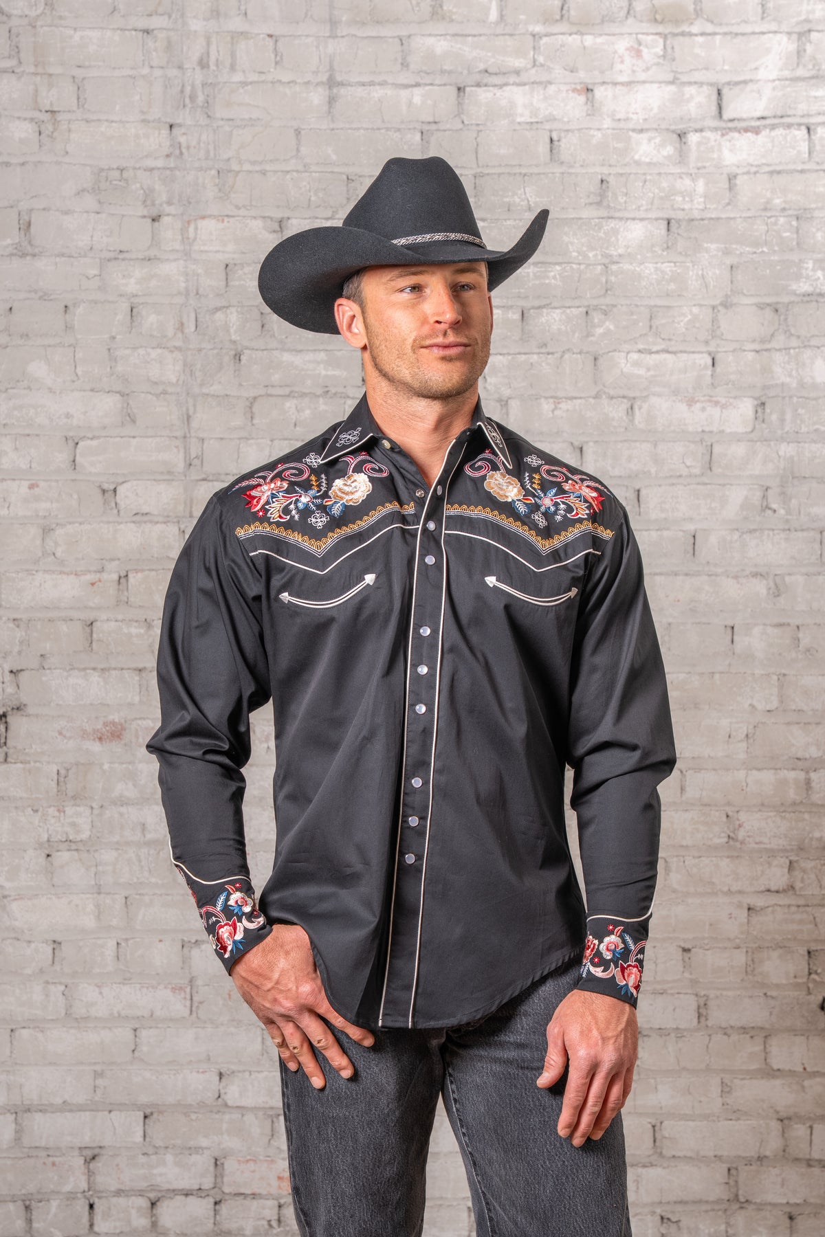 Men's Vintage Black Pastel Floral Embroidered Western Shirt by Rockmount Ranch Wear with fringe and embroidered floral details