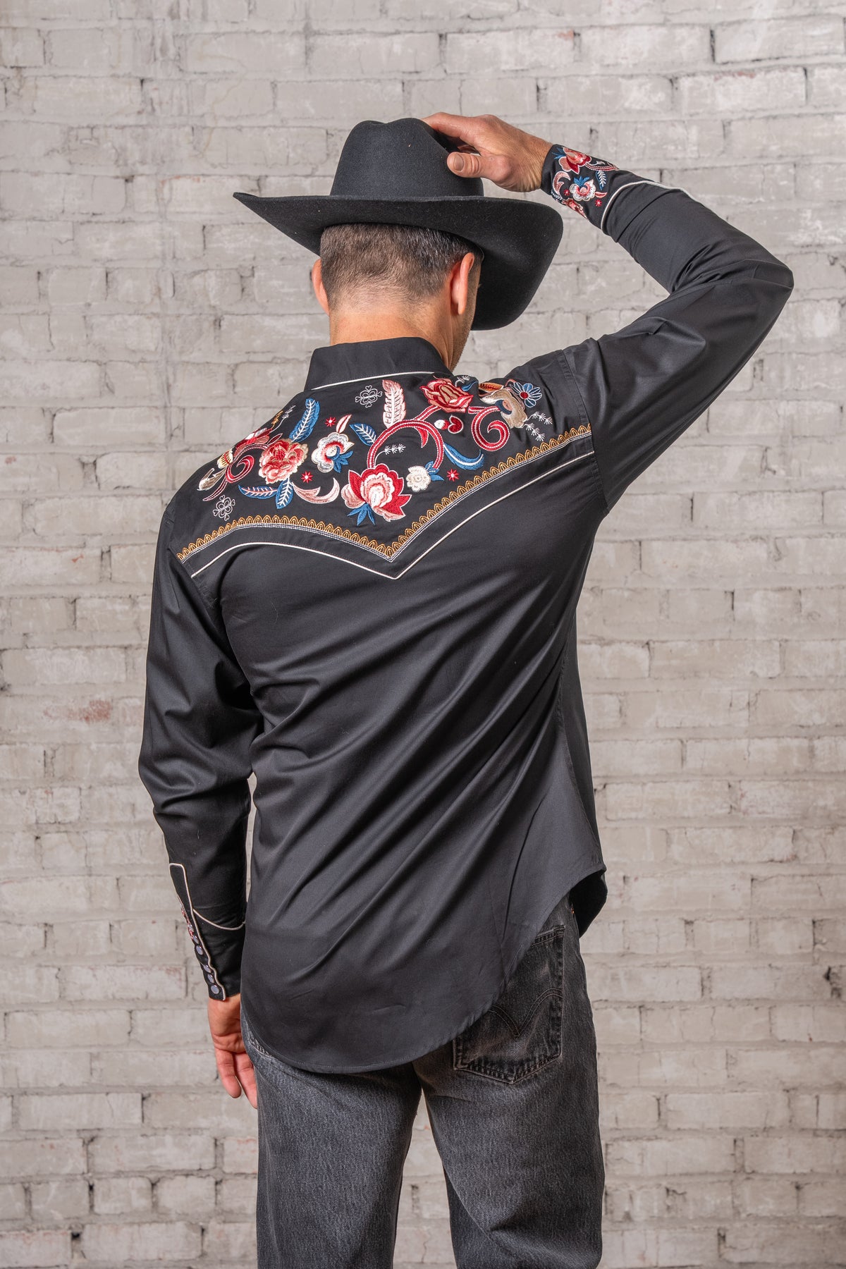 Men's Vintage Black Pastel Floral Embroidered Western Shirt by Rockmount Ranch Wear with embroidered front and cuffs