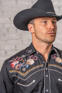 Men's Vintage Black Pastel Floral Embroidered Western Shirt by Rockmount Ranch Wear with embroidered western shirt