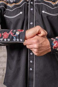 Men's Vintage Black Pastel Floral Embroidered Western Shirt by Rockmount Ranch Wear with pearl snap