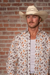Men's Horse Print Western Shirt Rockmount Ranch Wear vintage western shirt with cowboy print and sawtooth pocket