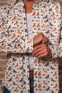 Men's Horse Print Western Shirt by Rockmount Ranch Wear in vintage white with cowboy print and snap buttons