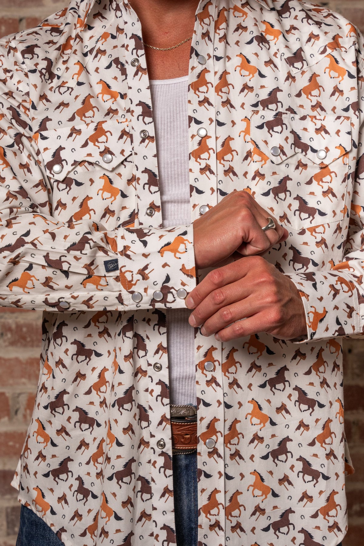 Men's Horse Print Western Shirt by Rockmount Ranch Wear in vintage white with cowboy print and snap buttons