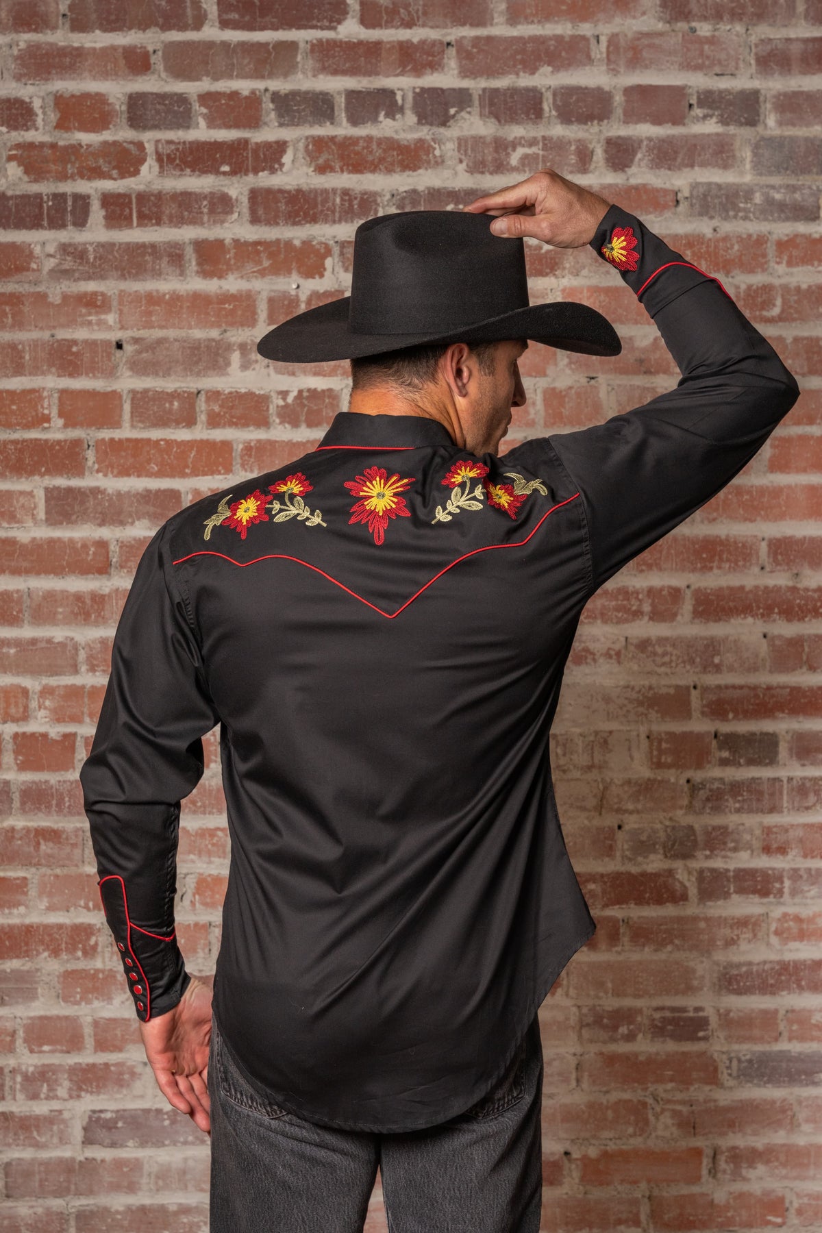 Men's Vintage Black Floral Chenille Embroidered Western Shirt by Rockmount Ranch Wear with floral embroidery