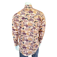 Men's Vintage Brown States Western Shirt by Rockmount Ranch Wear with cowboy print and snap button cuffs